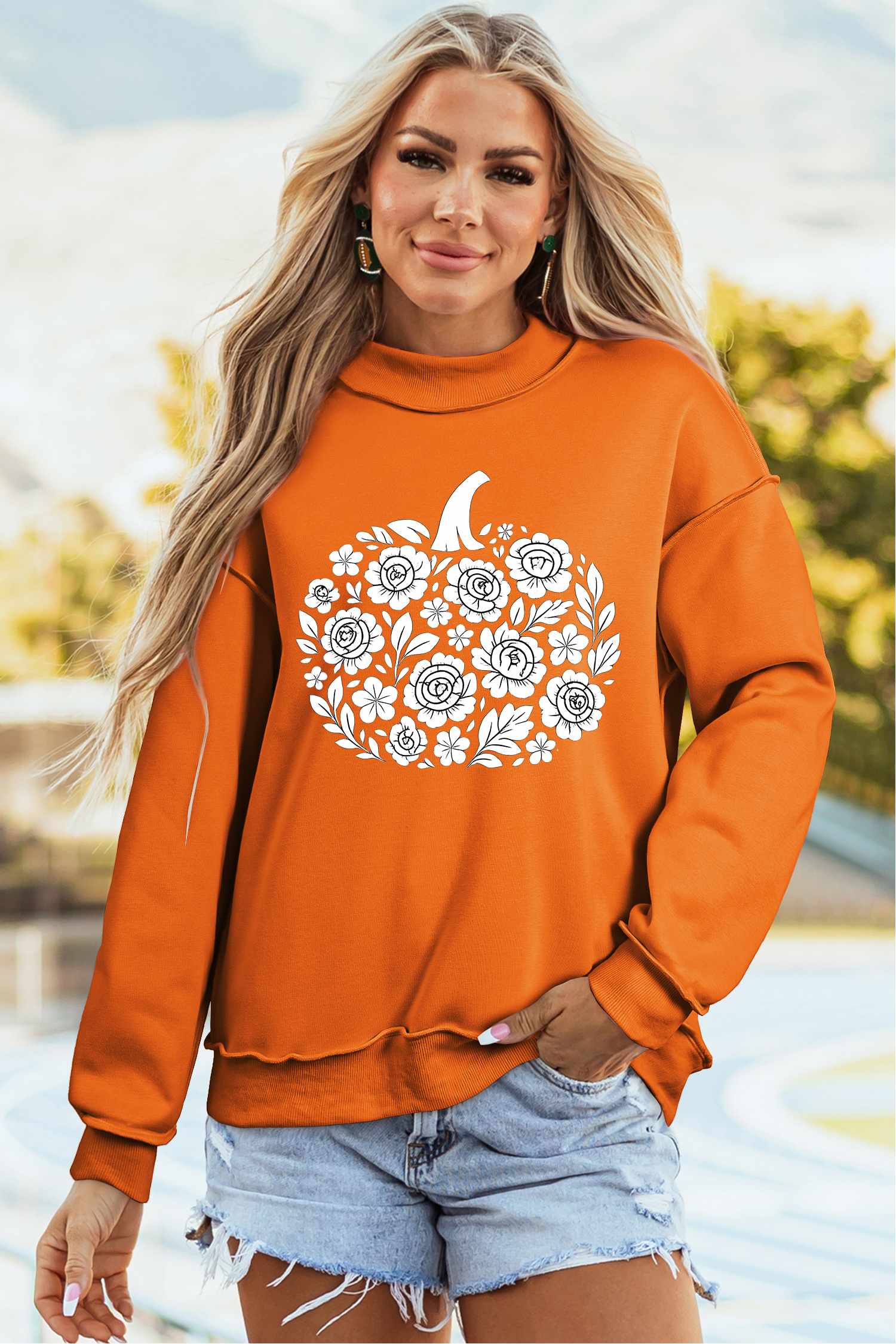 Carrot Floral Pumpkin Double Side Printed Mock Neck Reversible Sweatshirt
