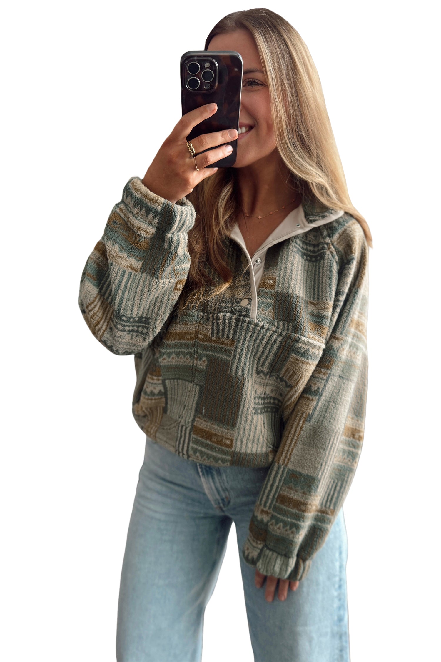 Green Western Print Fleece Pullover Long Sleeve Casual Fit Sweatshirt