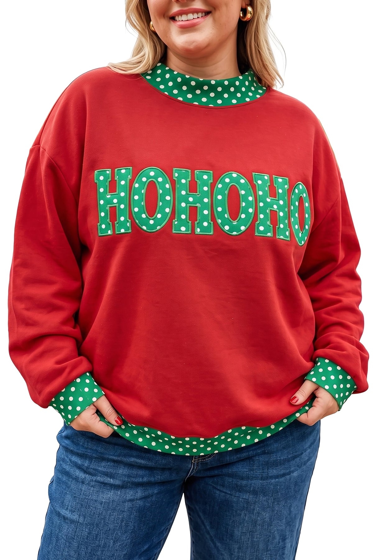 Fiery Red Casual Polka Dot Patchwork Letter Graphic Plus Size Sweatshirt