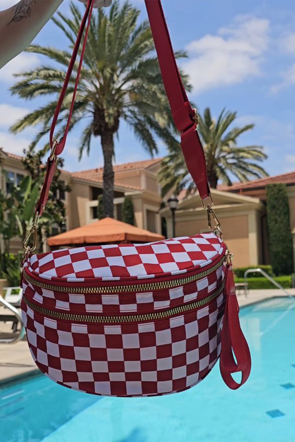 Fiery Red Checkered Print Wide Strap Large Crossbody Bag