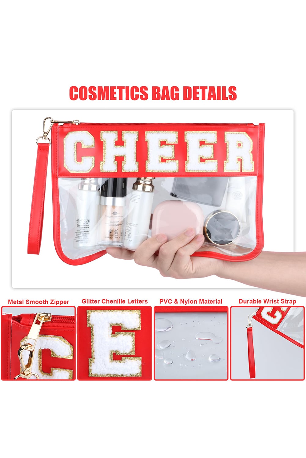 Fiery Red CHEER Chenille Letter PU Leather Patchwork Clear Makeup Bag
