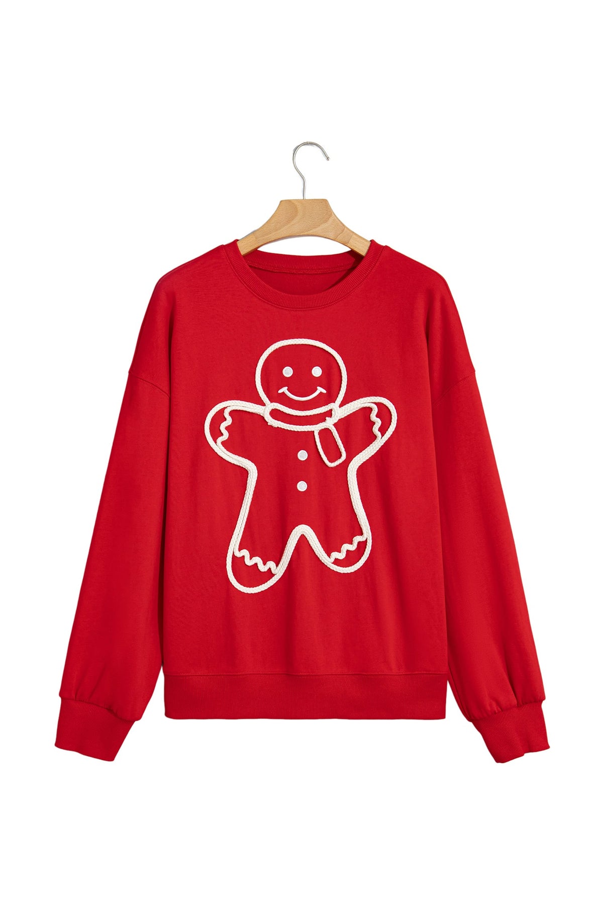 Fiery Red Christmas Embroidered Long Sleeve Casual Round Neck Loose Fit Sweatshirt