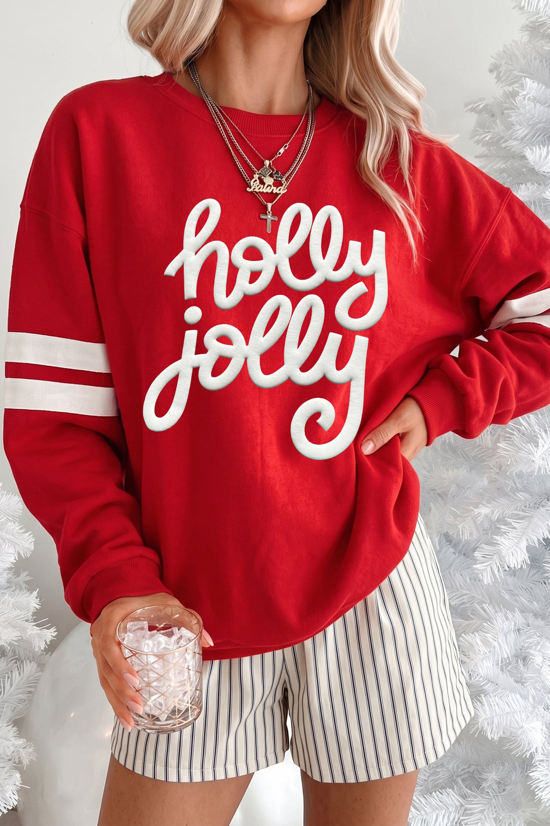 Fiery Red Christmas Holly Jolly Slogan Striped Sleeve Preppy Holiday Sweatshirt