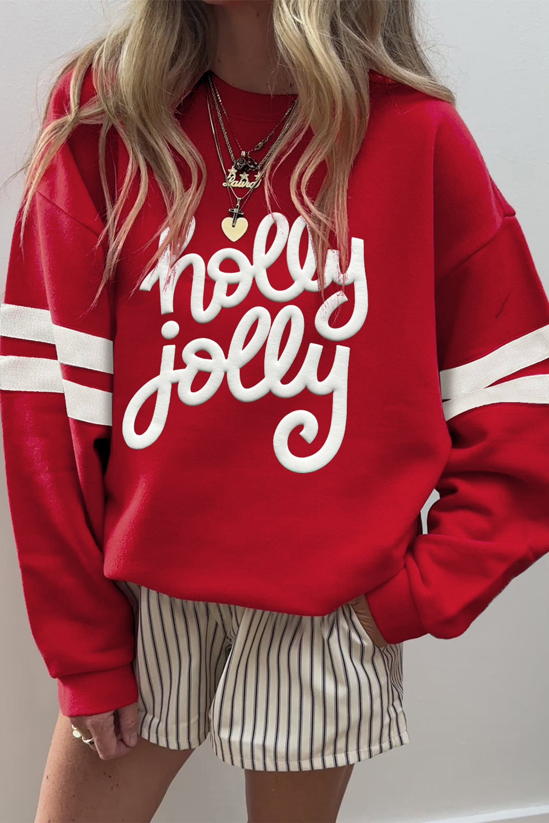 Fiery Red Christmas Holly Jolly Slogan Striped Sleeve Preppy Holiday Sweatshirt