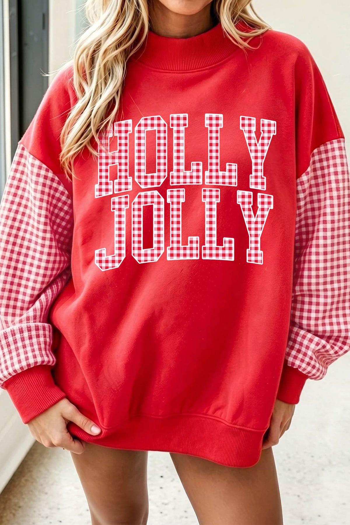 Fiery Red Christmas Slogan Plaid Sleeve Patchwork Holiday Sweatshirt