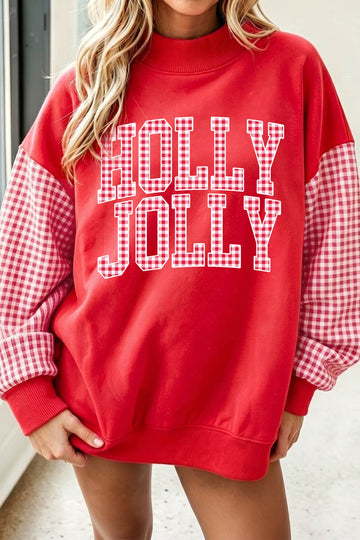 Fiery Red Christmas Slogan Plaid Sleeve Patchwork Holiday Sweatshirt