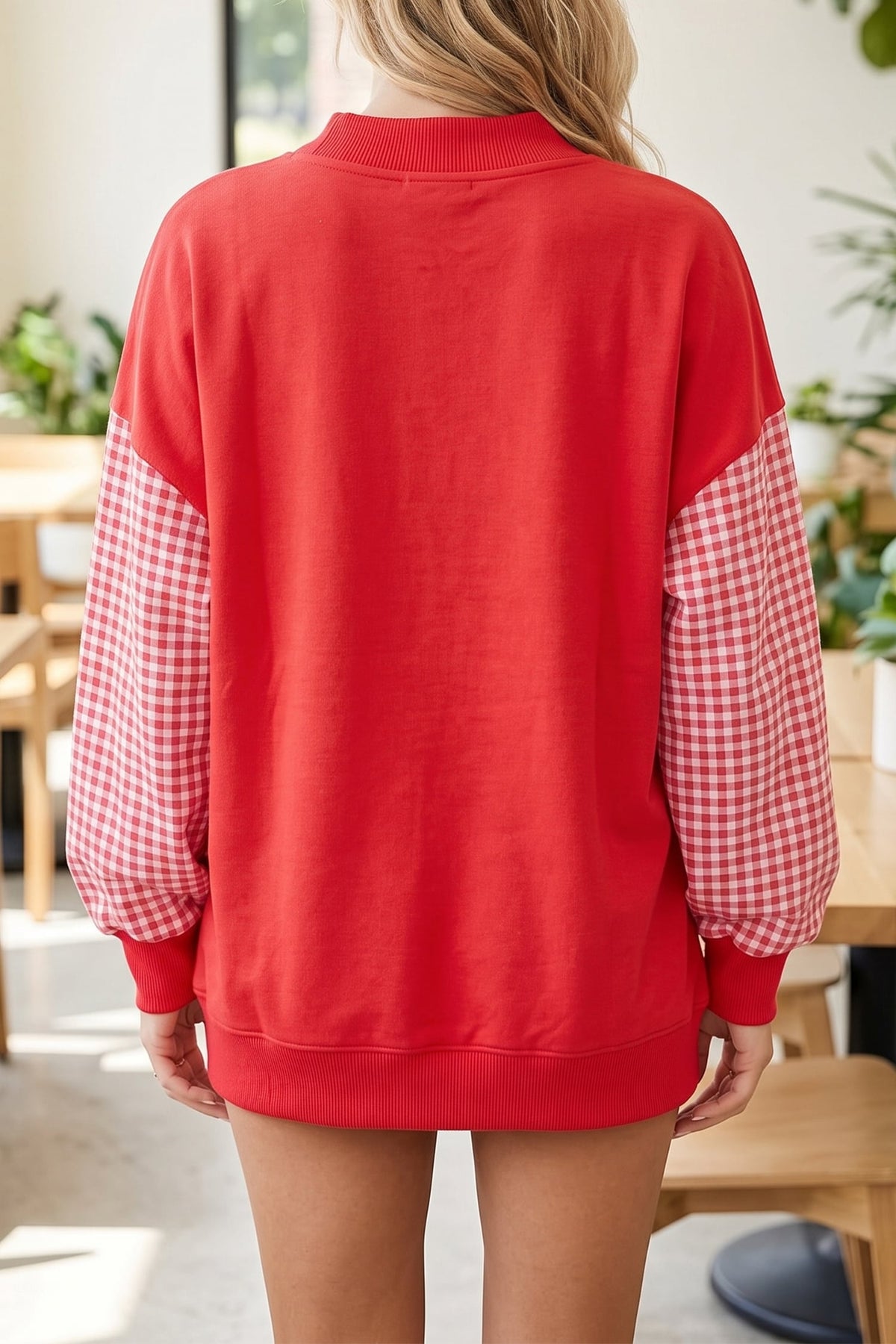 Fiery Red Christmas Slogan Plaid Sleeve Patchwork Holiday Sweatshirt
