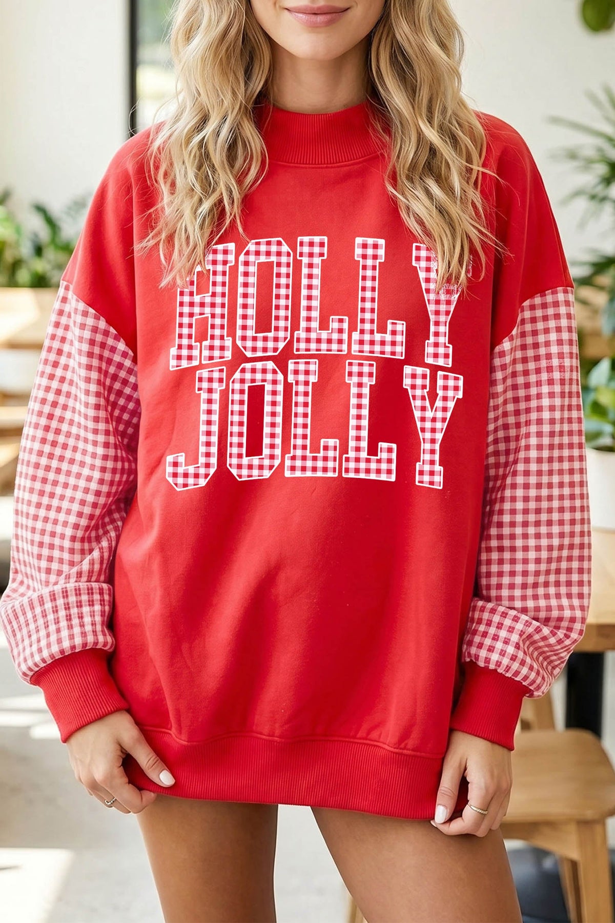 Fiery Red Christmas Slogan Plaid Sleeve Patchwork Holiday Sweatshirt