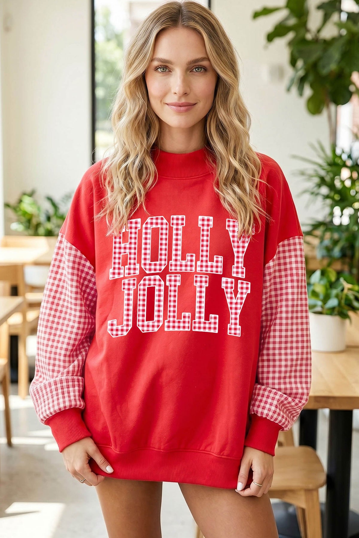 Fiery Red Christmas Slogan Plaid Sleeve Patchwork Holiday Sweatshirt