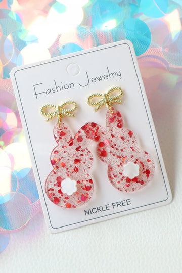 Fiery Red Clear Easter Bunny Bowknot Studded Earrings