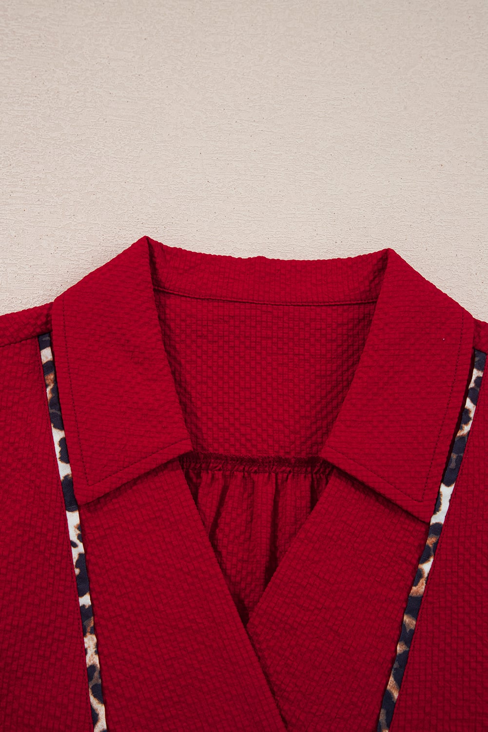 Fiery Red Collar V Neck Leopard Contrasted Trim Textured Blouse