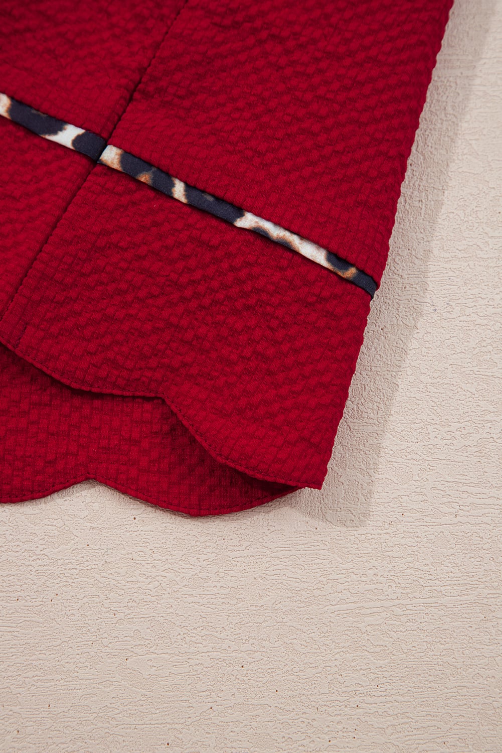 Fiery Red Collar V Neck Leopard Contrasted Trim Textured Blouse