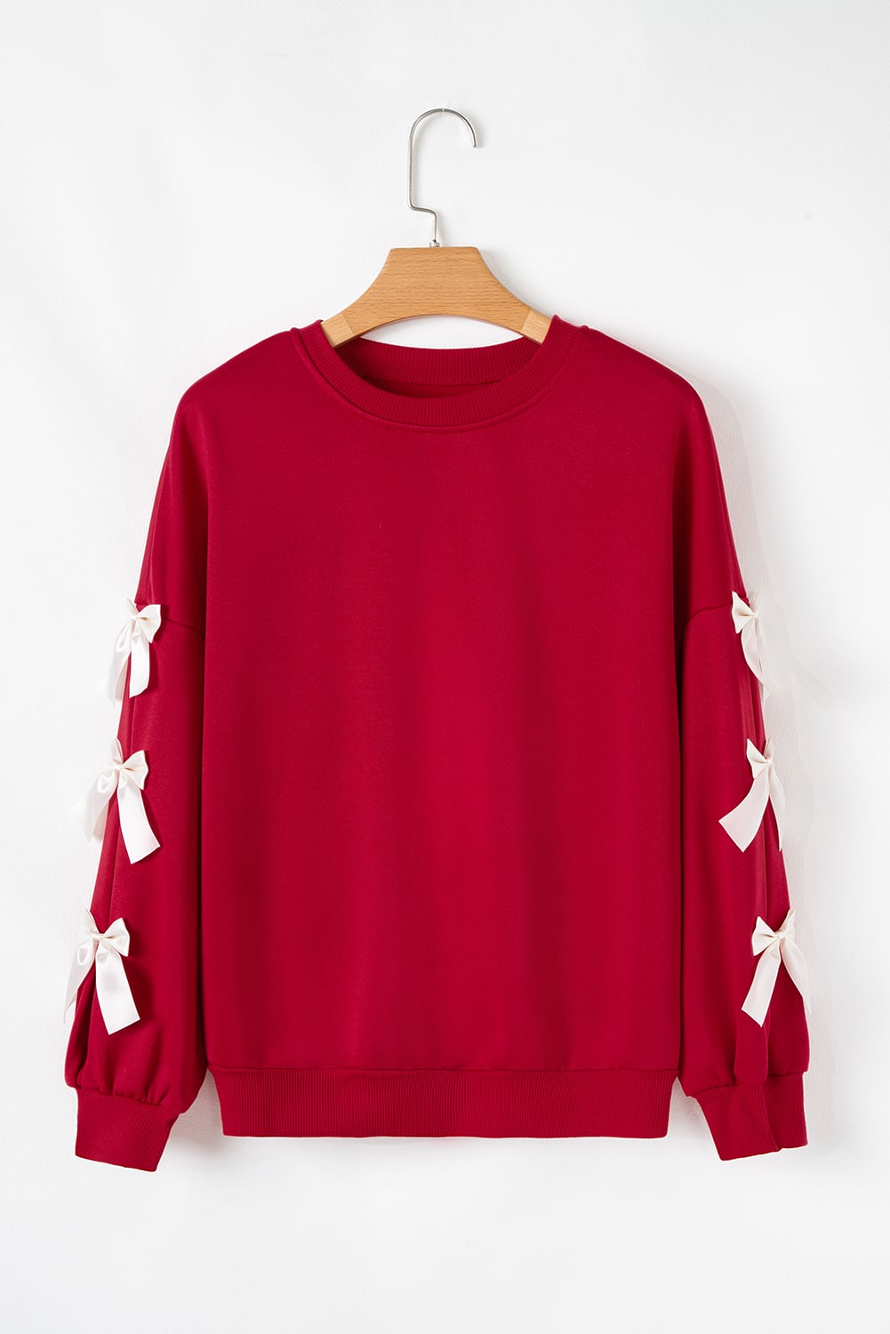 Fiery Red Contrast Bow Decor Dropped Sleeve Crewneck Sweatshirt