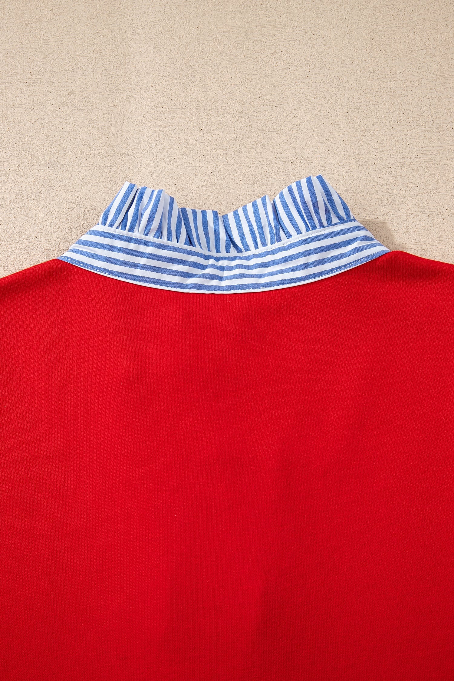 Fiery Red Contrast Striped Collar Patchwork Puff Sleeve Ruffle Hem Mini Dress