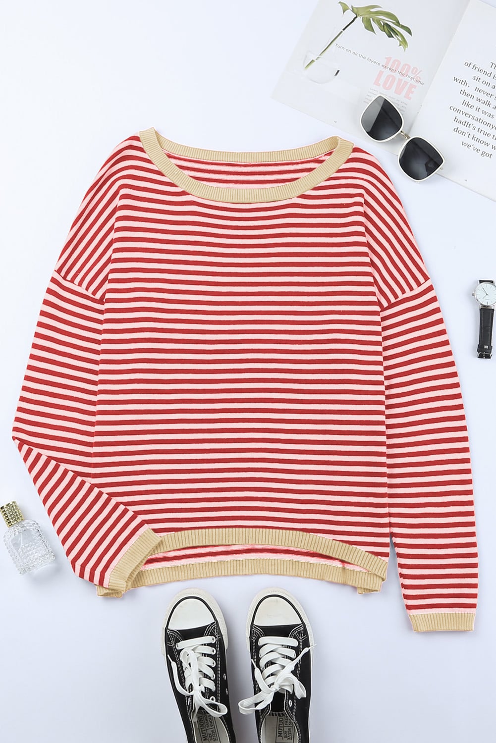 Fiery Red Striped Contrast Trimmed Drop Shoulder Sweater