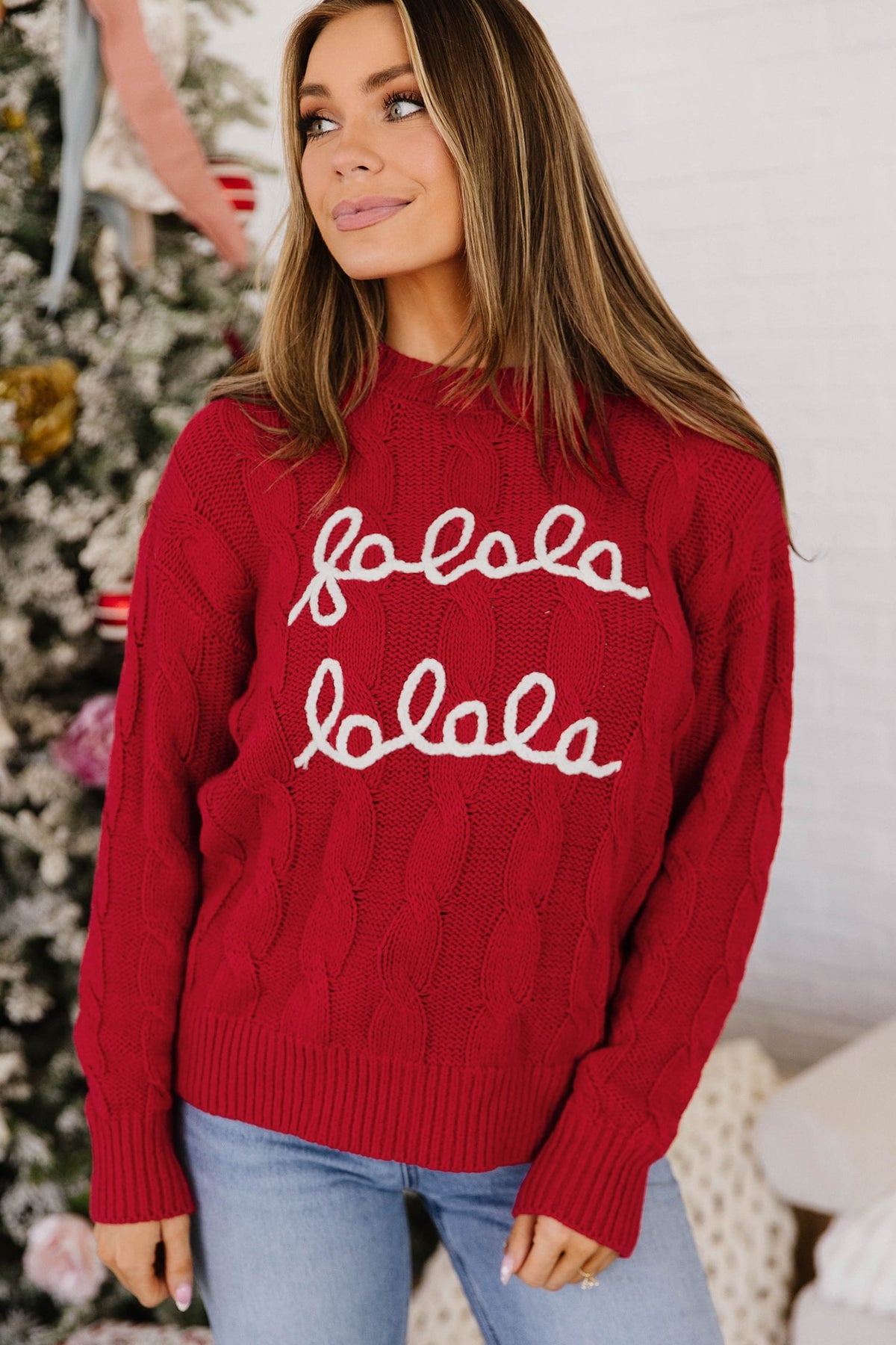 Fiery Red Falala Cable Knit Christmas Dropped Shoulder Pullover Sweater