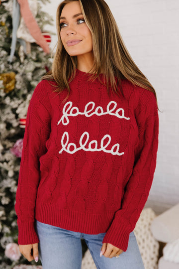 Fiery Red Falala Cable Knit Christmas Dropped Shoulder Pullover Sweater