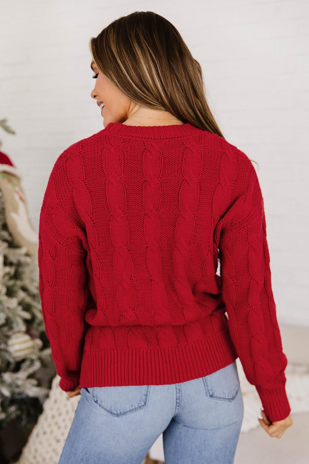 Fiery Red Falala Cable Knit Christmas Dropped Shoulder Pullover Sweater