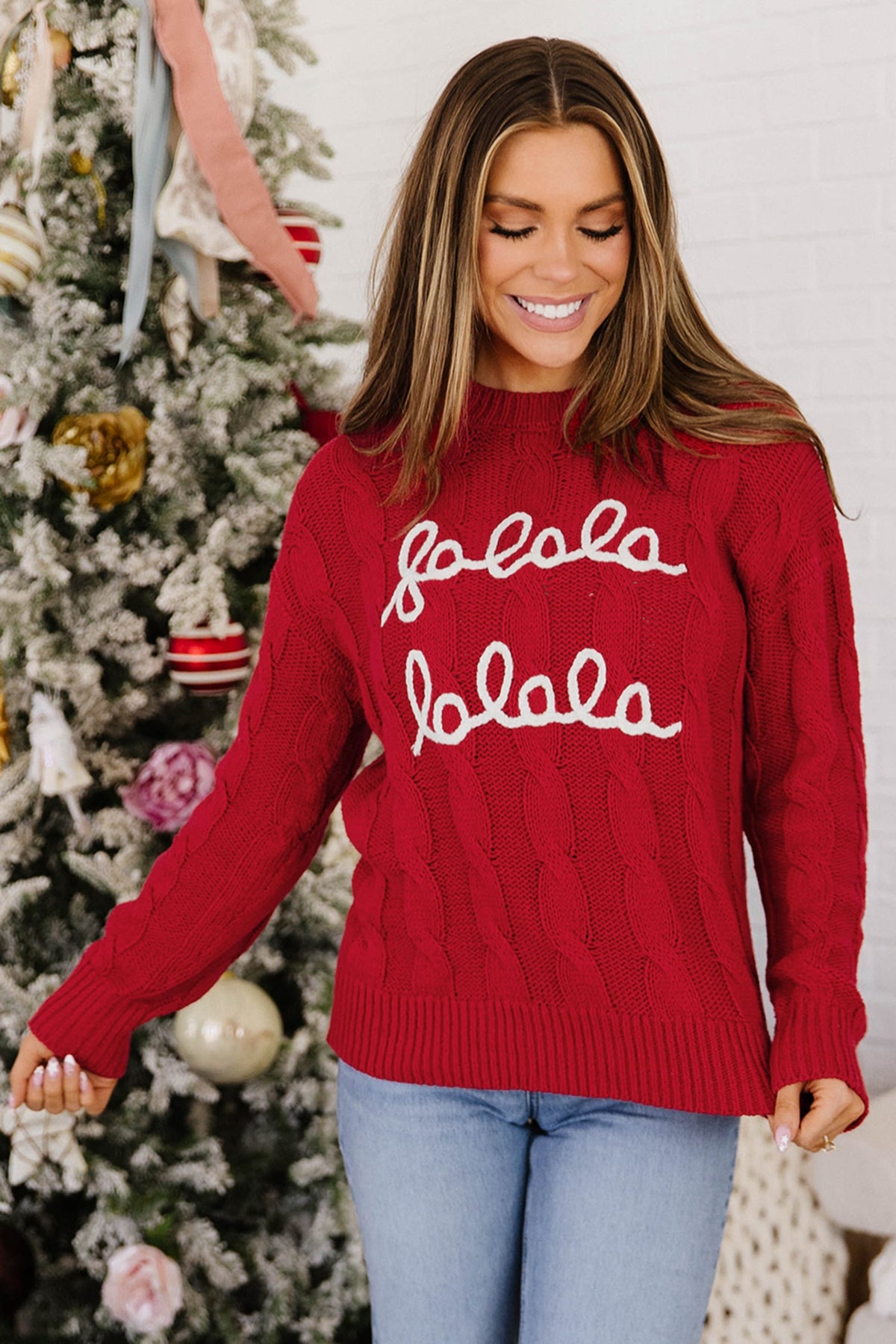 Fiery Red Falala Cable Knit Christmas Dropped Shoulder Pullover Sweater