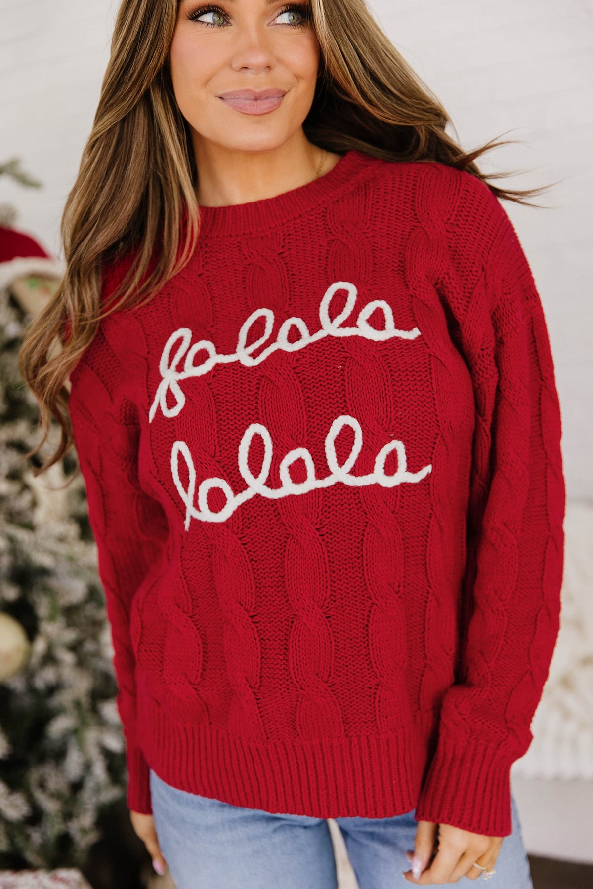 Fiery Red Falala Cable Knit Christmas Dropped Shoulder Pullover Sweater