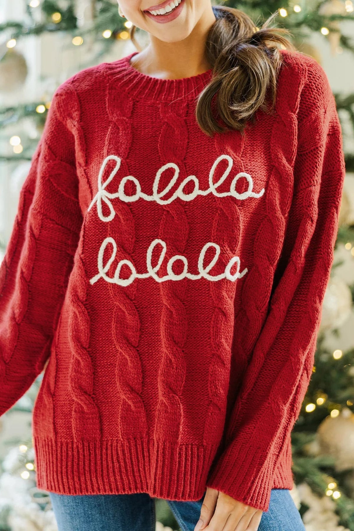 Fiery Red Falala Cable Knit Christmas Dropped Shoulder Pullover Sweater