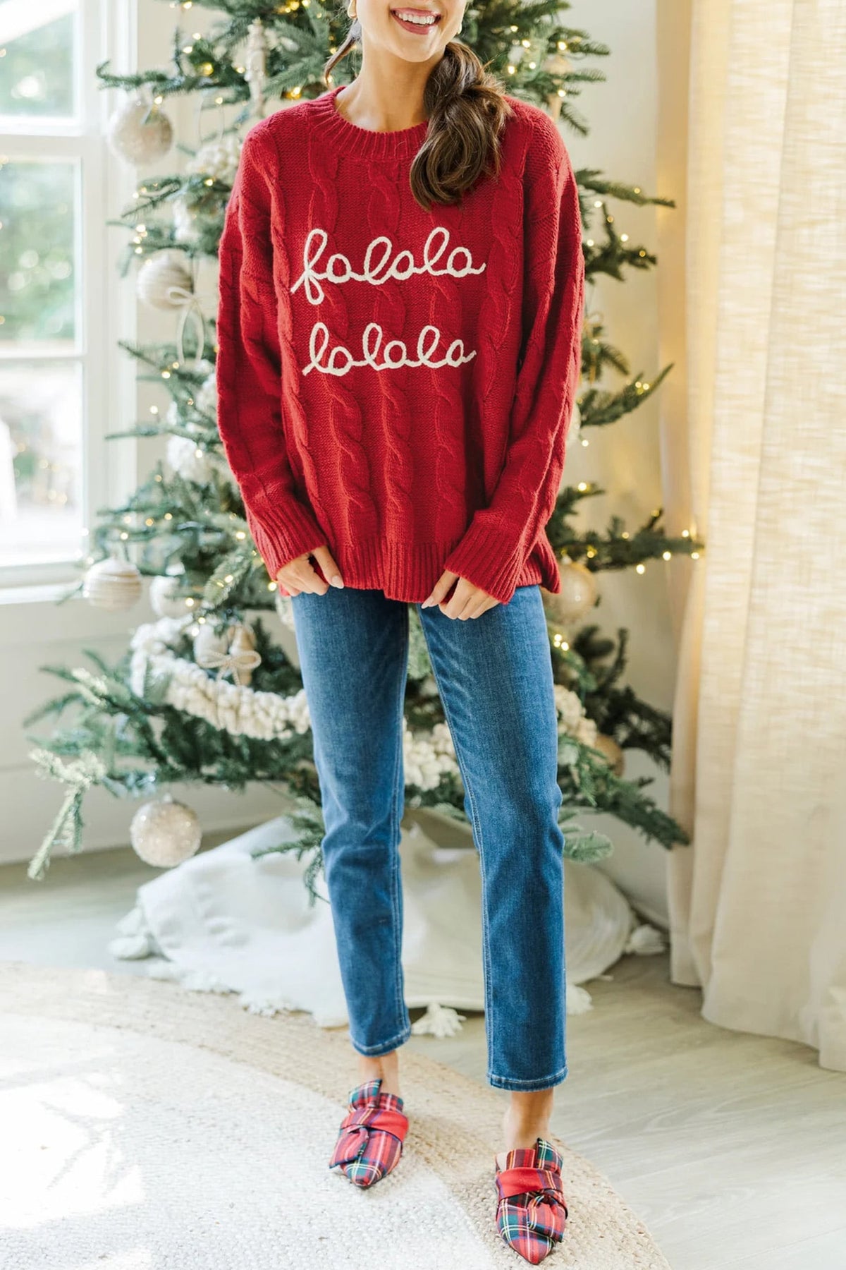 Fiery Red Falala Cable Knit Christmas Dropped Shoulder Pullover Sweater