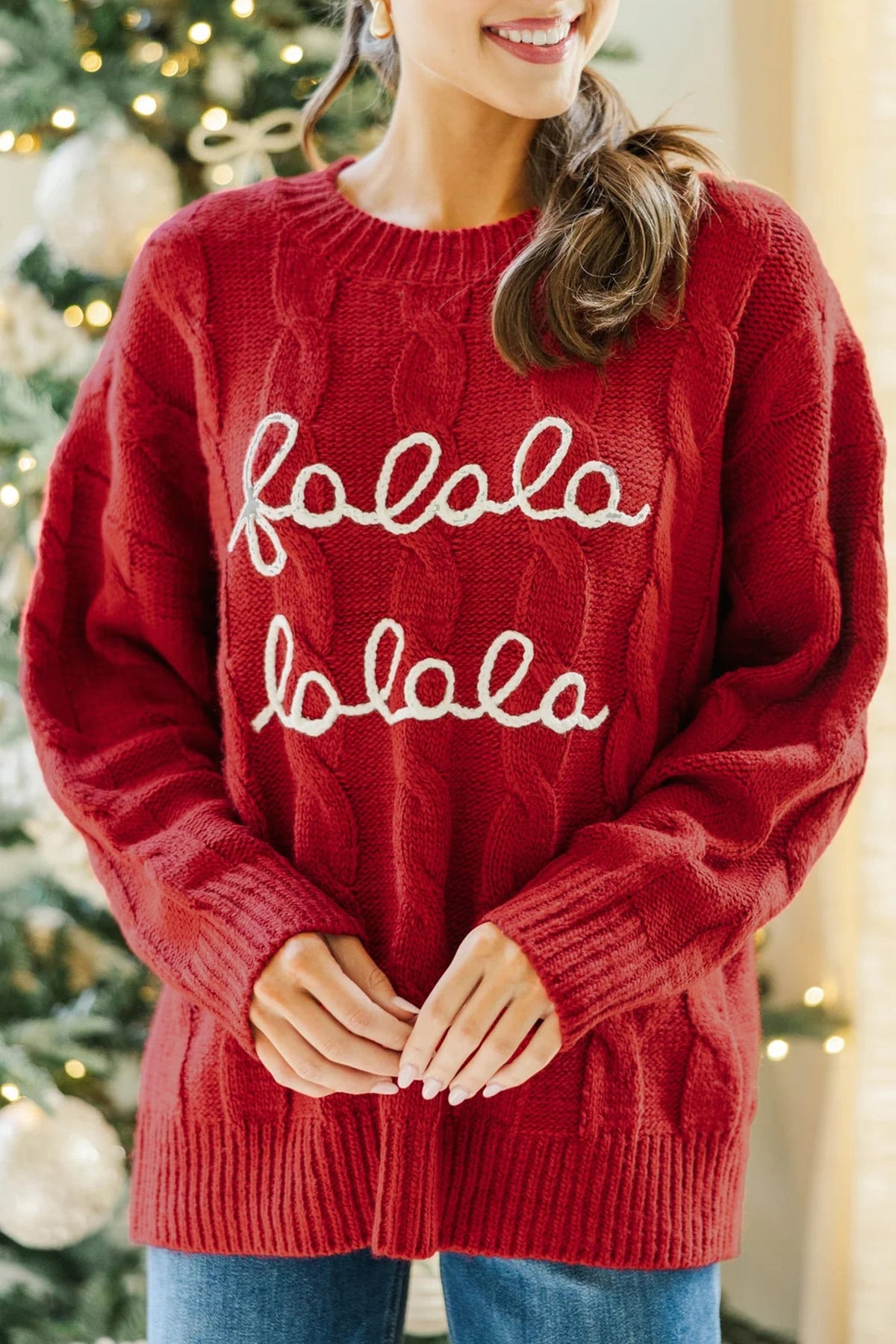 Fiery Red Falala Cable Knit Christmas Dropped Shoulder Pullover Sweater