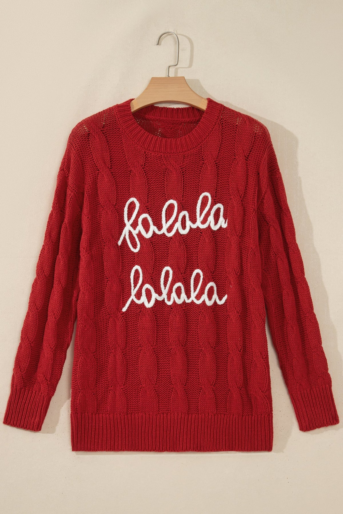 Fiery Red Falala Cable Knit Christmas Dropped Shoulder Pullover Sweater