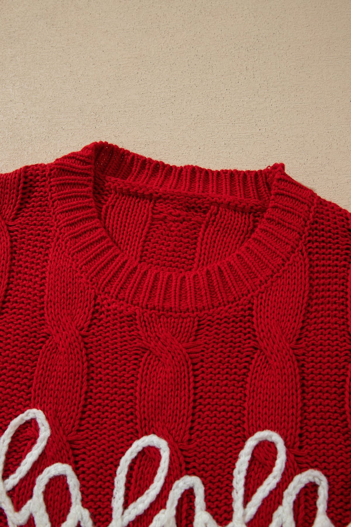 Fiery Red Falala Cable Knit Christmas Dropped Shoulder Pullover Sweater