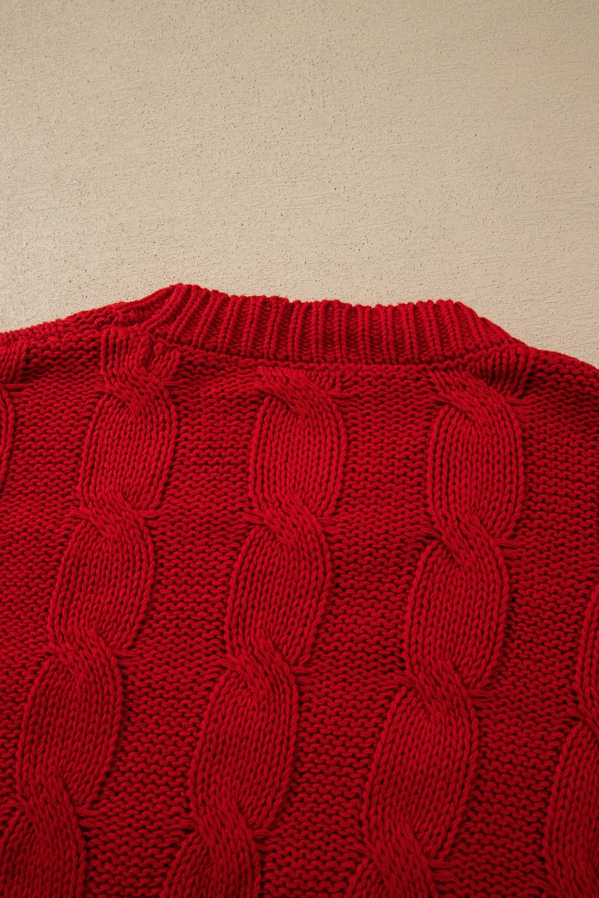 Fiery Red Falala Cable Knit Christmas Dropped Shoulder Pullover Sweater