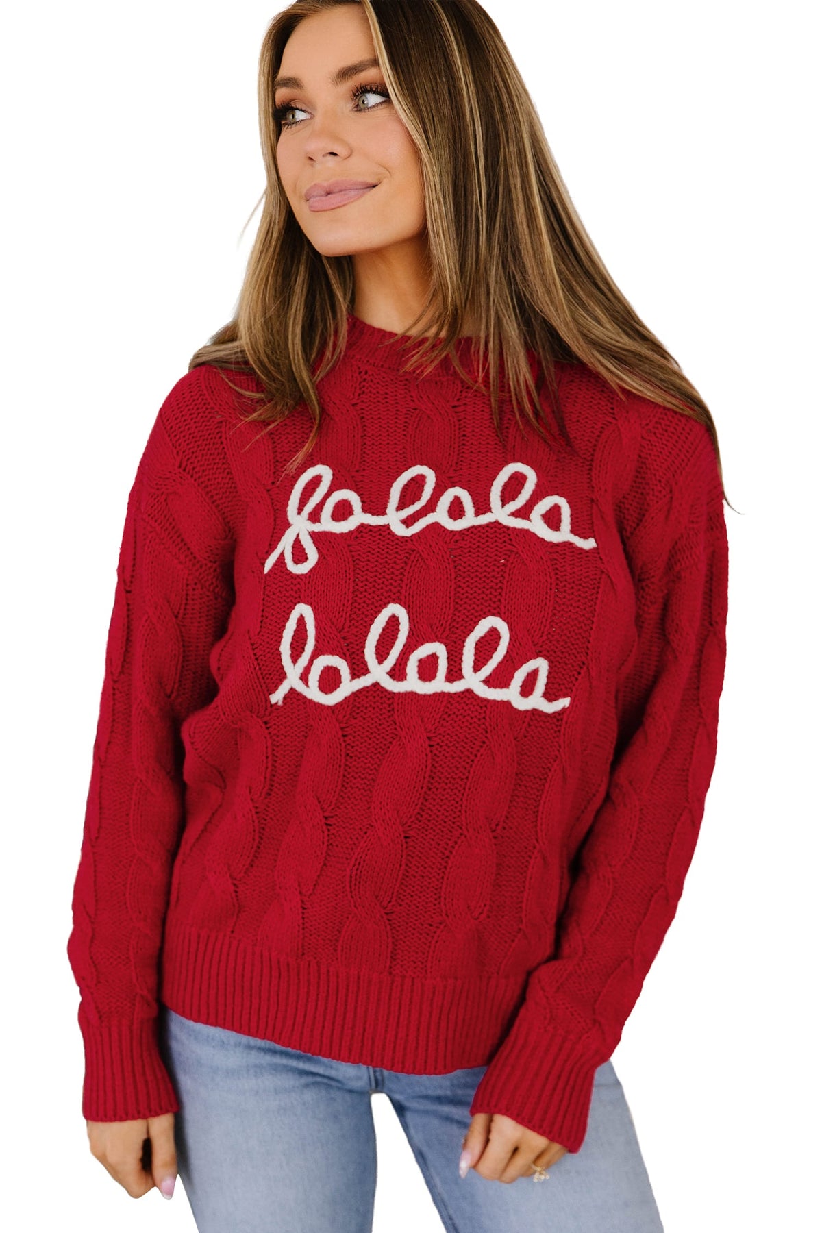 Fiery Red Falala Cable Knit Christmas Dropped Shoulder Pullover Sweater