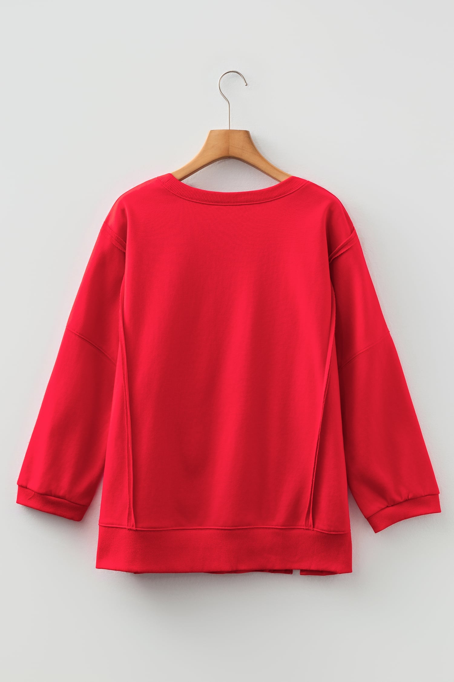 Fiery Red Floral Bow Patched Exposed Seam Patchwork Slit Baggy Sweatshirt