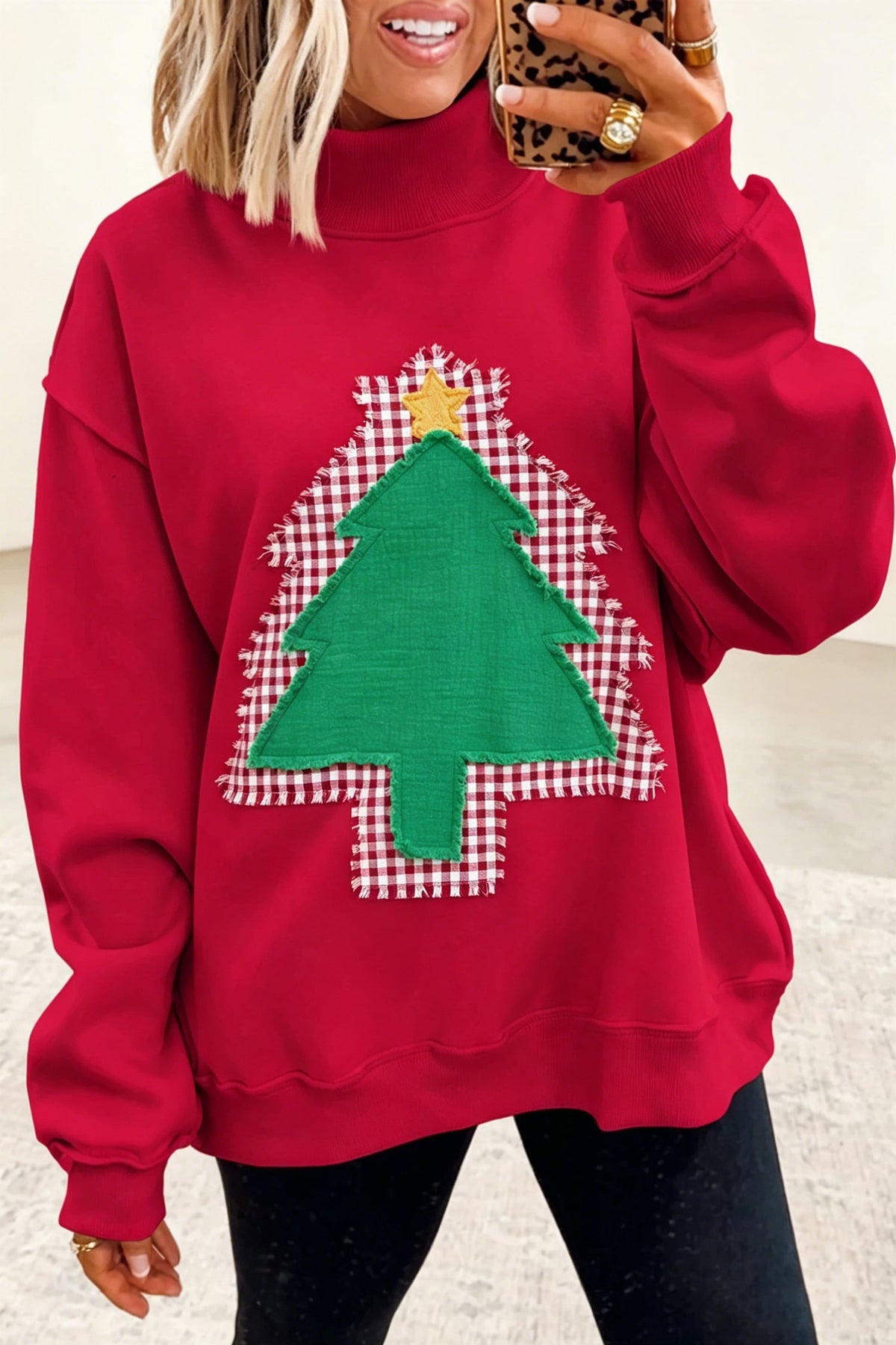 Fiery Red Frayed Applique Christmas Tree Mock Neck Pullover Sweatshirt