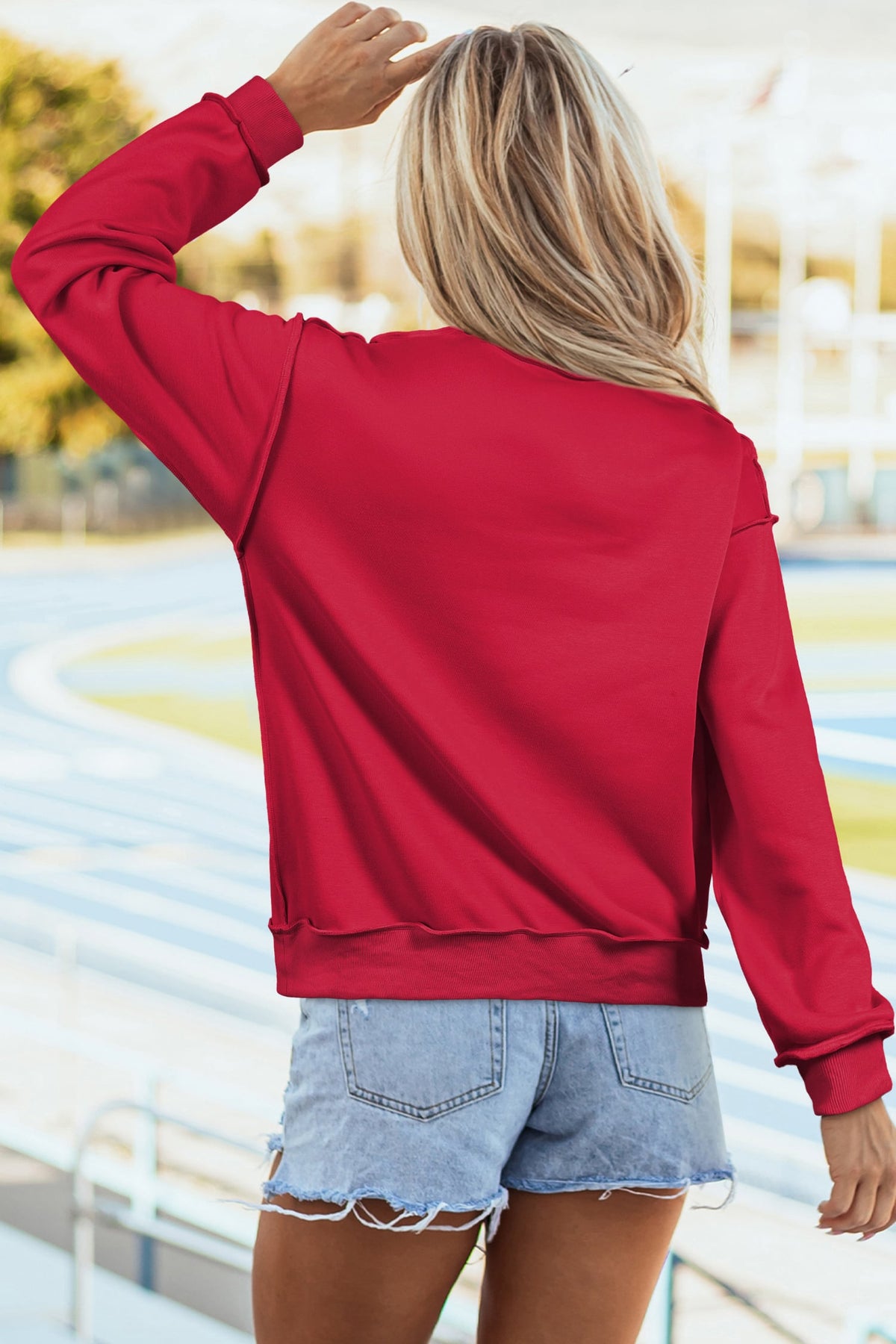 Fiery Red Frayed Applique Christmas Tree Mock Neck Pullover Sweatshirt