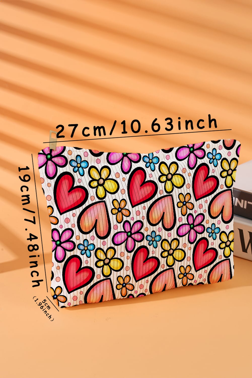 Fiery Red Heart Flower Print Corduroy Large Makeup Bag