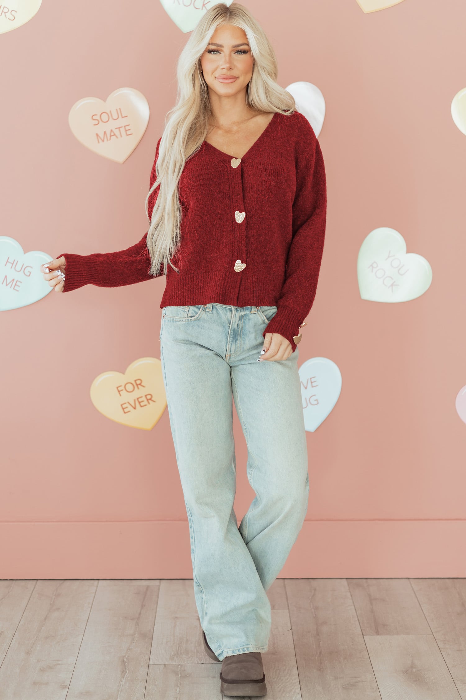 Fiery Red Heart Metal Button V Neck Cardigan Sweater