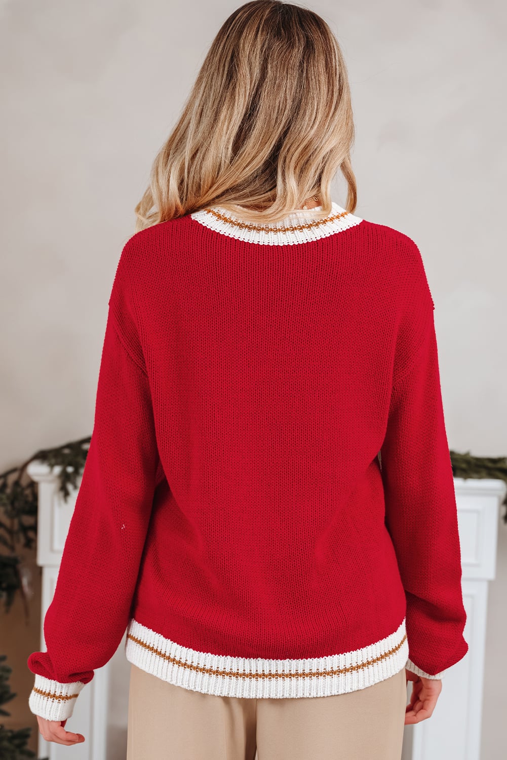 Fiery Red MERRY Color Block Edge Drop Shoulder Cozy Sweater