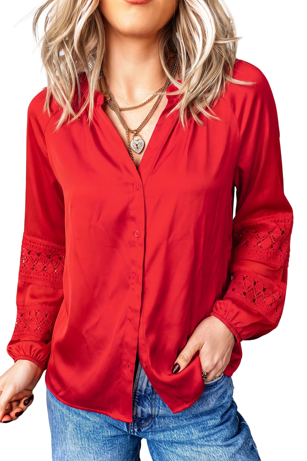 Fiery Red Patchwork Lace Long Sleeve V Neck Button Front Shirt