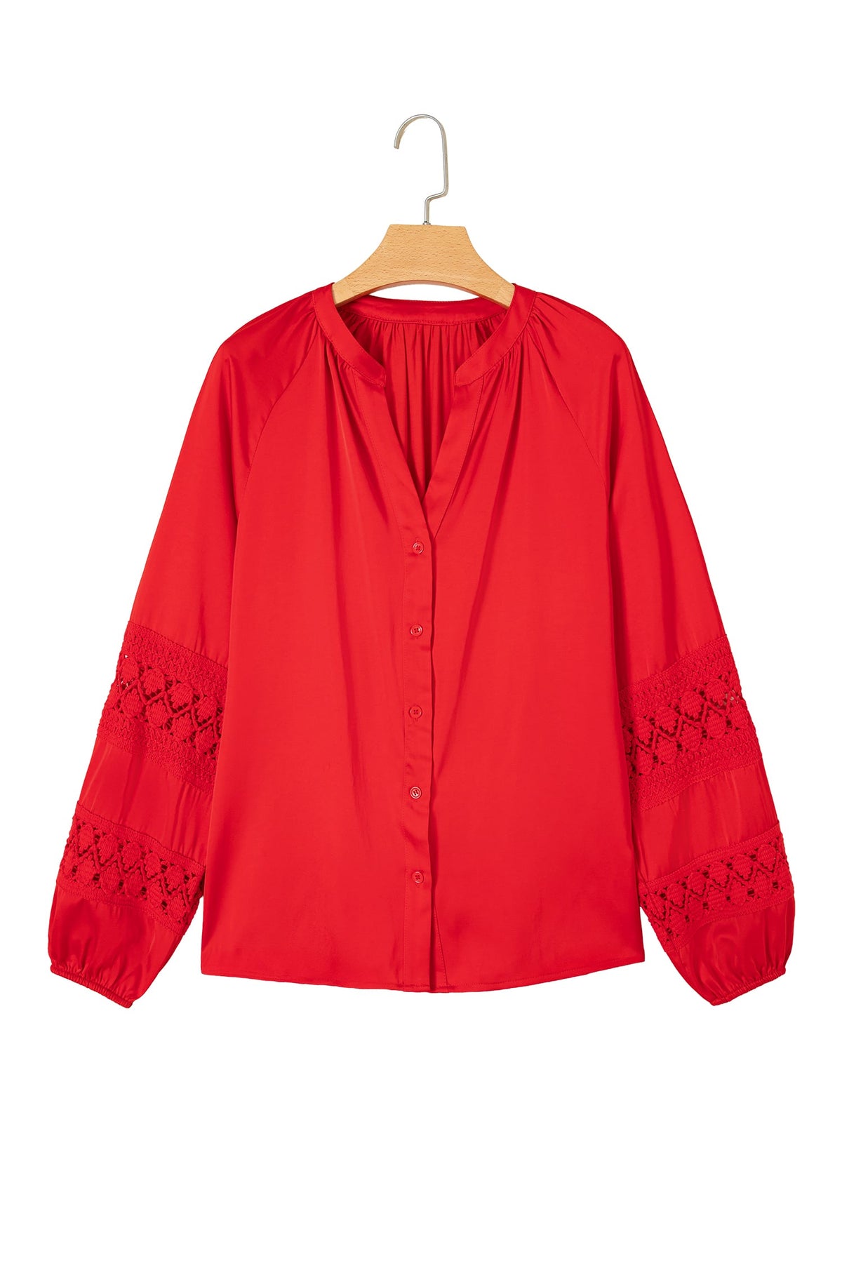 Fiery Red Patchwork Lace Long Sleeve V Neck Button Front Shirt