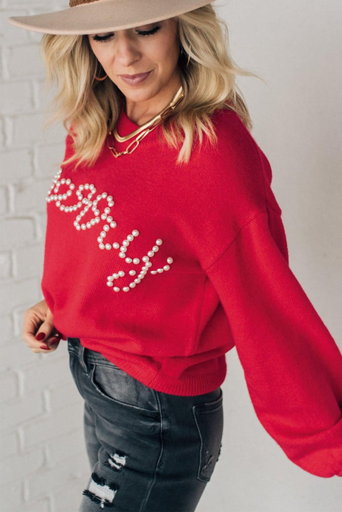 Fiery Red Pearl Beaded Merry Casual Sweater