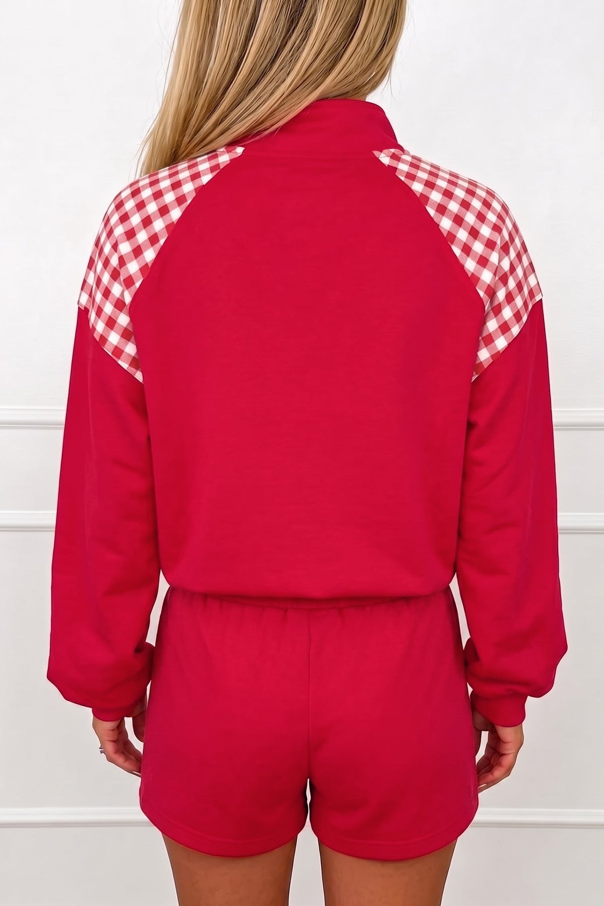 Fiery Red Plaid Patchwork Half Zip Pullover Drawstring Short Set