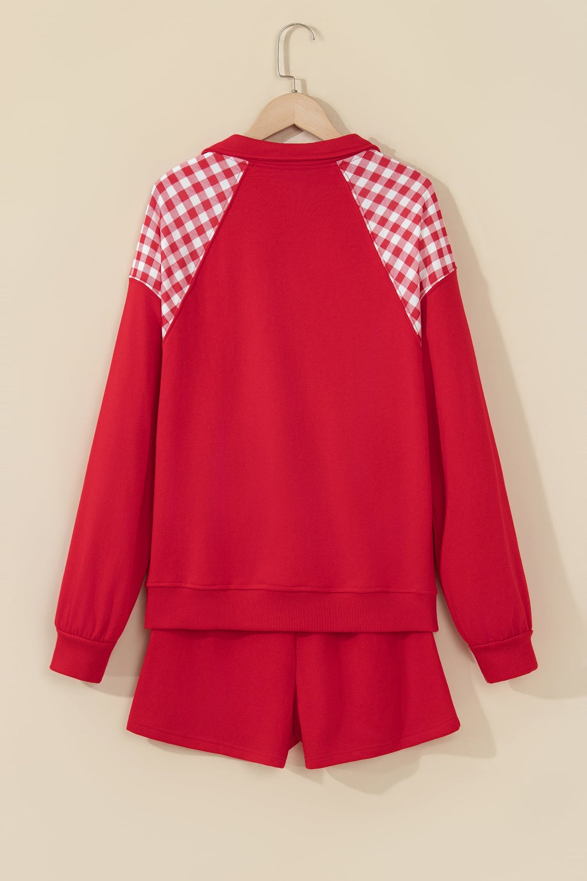 Fiery Red Plaid Patchwork Half Zip Pullover Drawstring Short Set