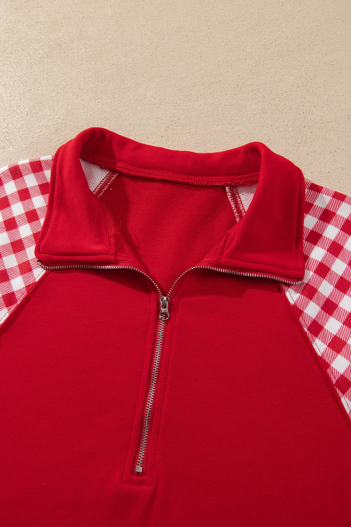 Fiery Red Plaid Patchwork Half Zip Pullover Drawstring Short Set