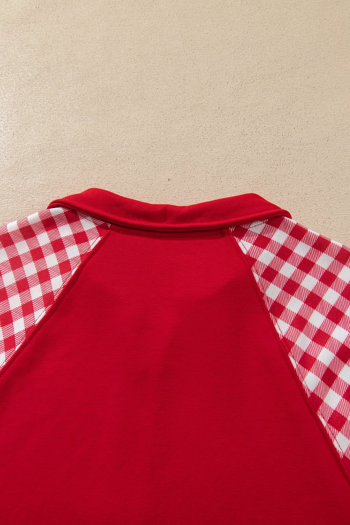 Fiery Red Plaid Patchwork Half Zip Pullover Drawstring Short Set