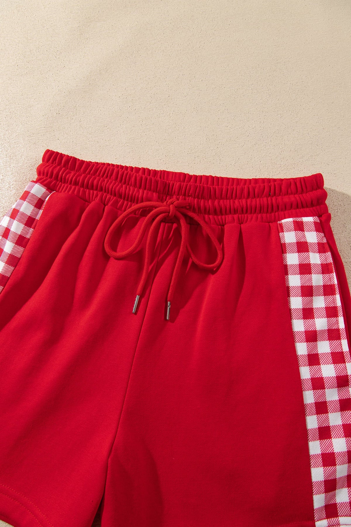 Fiery Red Plaid Patchwork Half Zip Pullover Drawstring Short Set