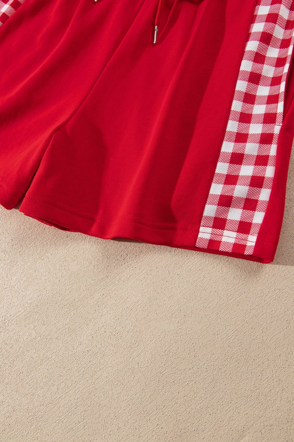 Fiery Red Plaid Patchwork Half Zip Pullover Drawstring Short Set