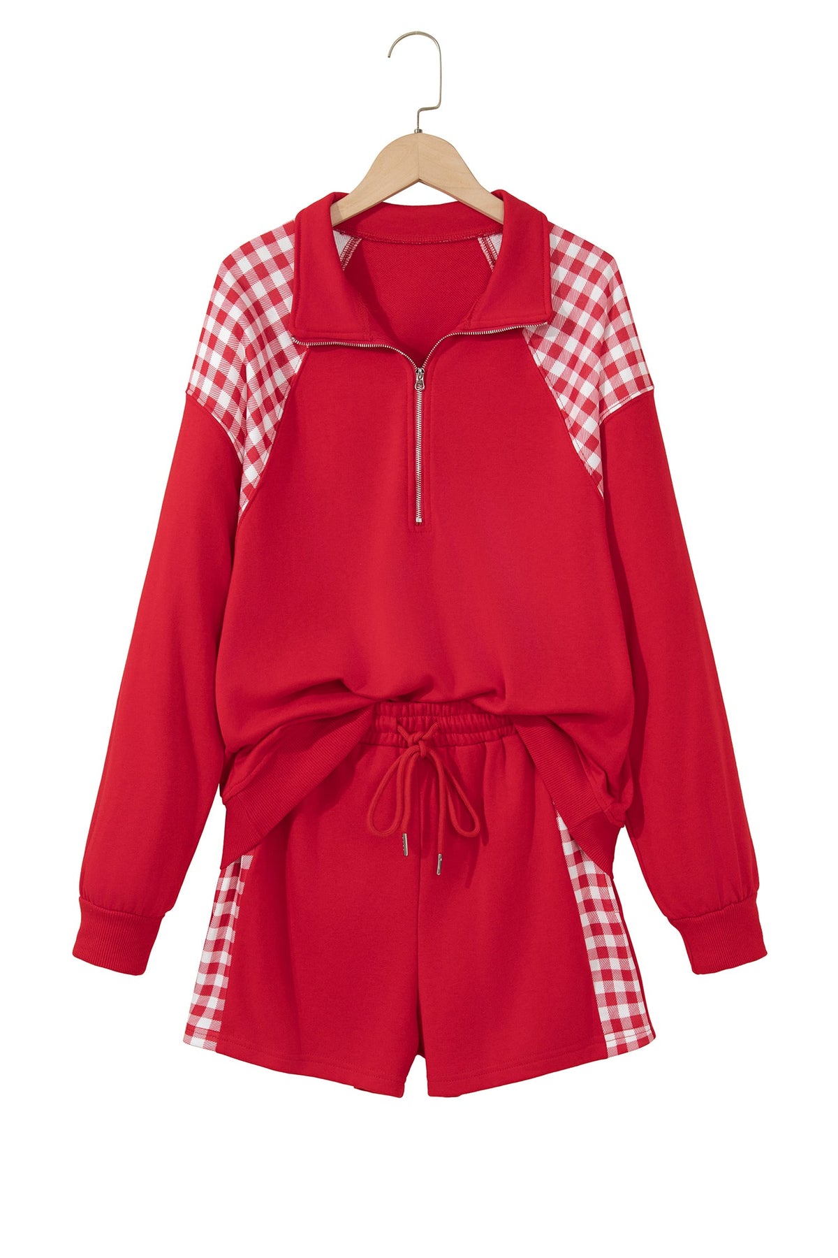 Fiery Red Plaid Patchwork Half Zip Pullover Drawstring Short Set