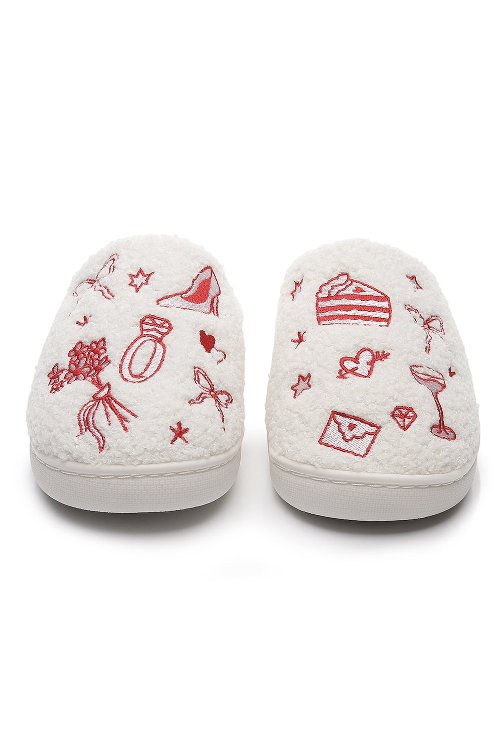 Fiery Red Plush Asymmetric Wedding Doodles Embroidered Slippers