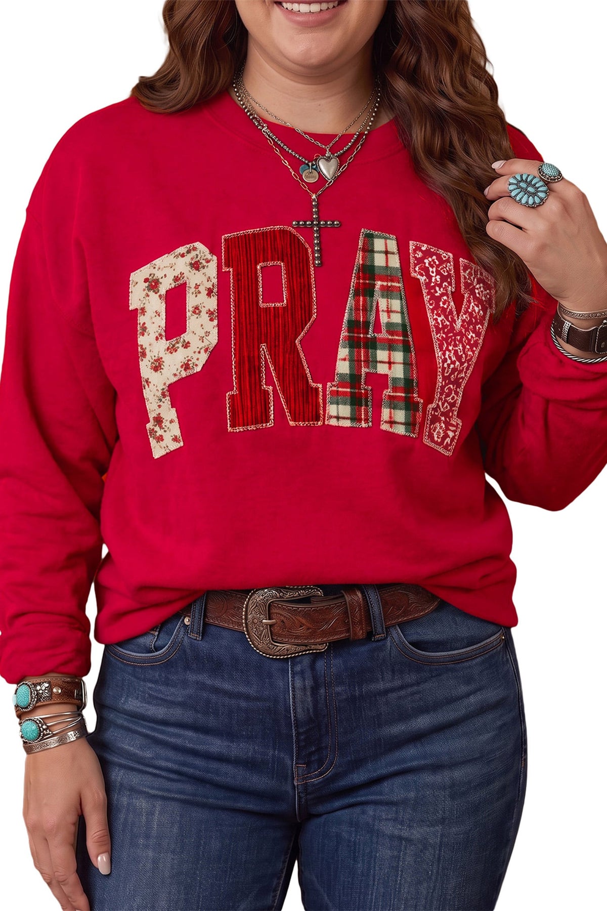 Fiery Red PRAY Letter Patchwork Round Neck Long Sleeve Plus Size Sweatshirt