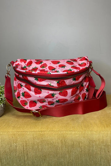 Fiery Red Pretty Checkerboard/ Strawberry Printed Canvas Double Zip Crossbody Bag